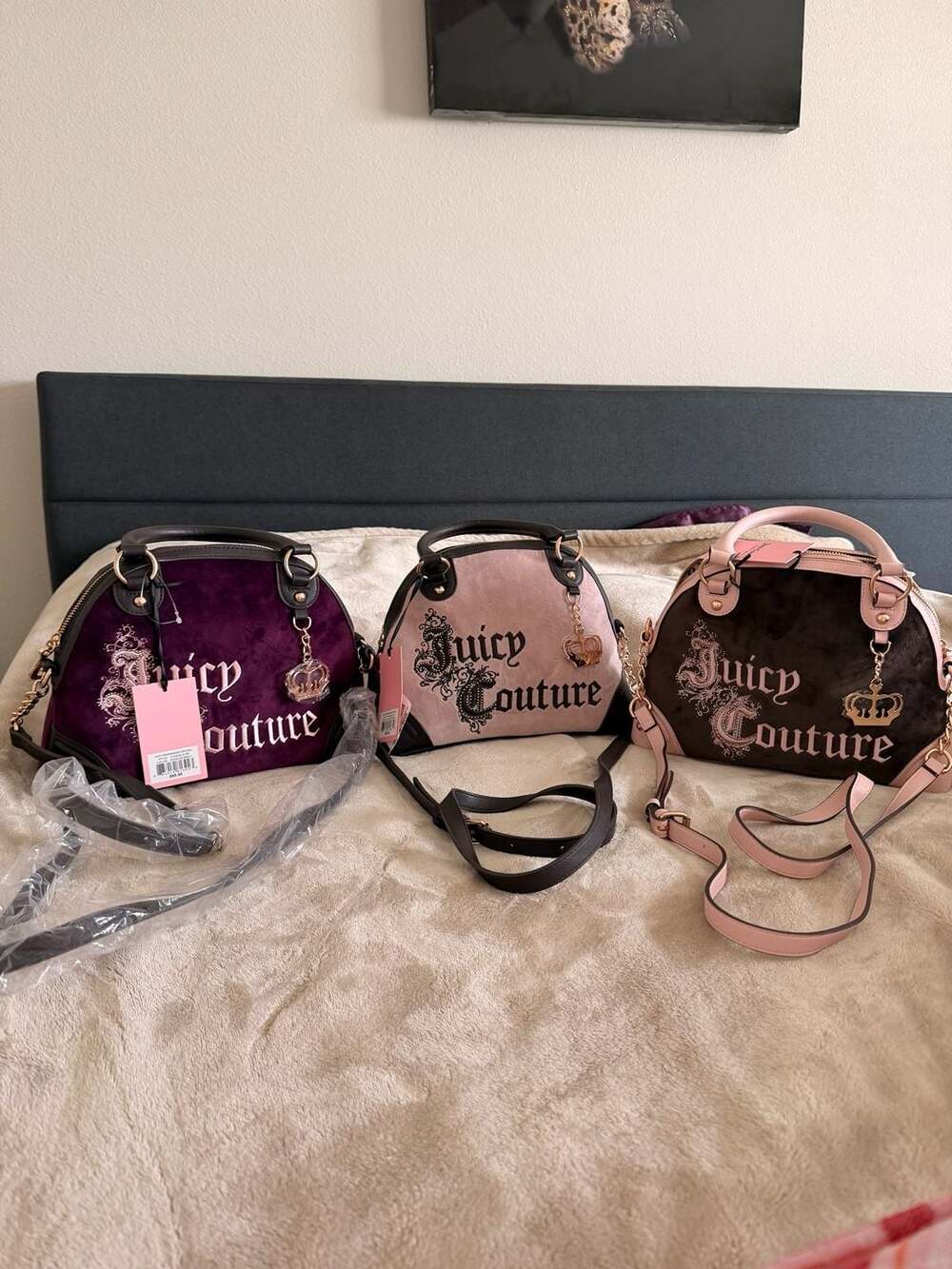Set 3 Juicy Couture Renaissance Satchel Pickled Velour Dome Handbag